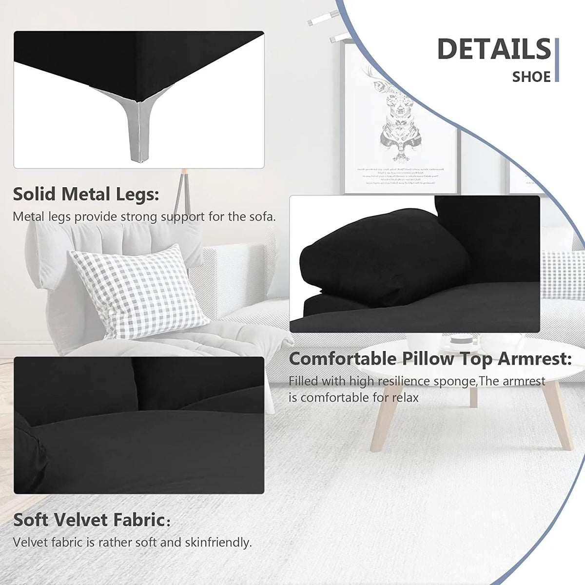 Black Velvet L-Shaped Sectional Sofa with Metal Legs D9670