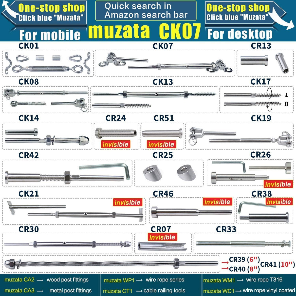40Set 1/8 Cable Railing Kit Hardware Heavy Duty Turnbuckle M5 Eye to Eye Stainless Steel Angle Adjustable R653318