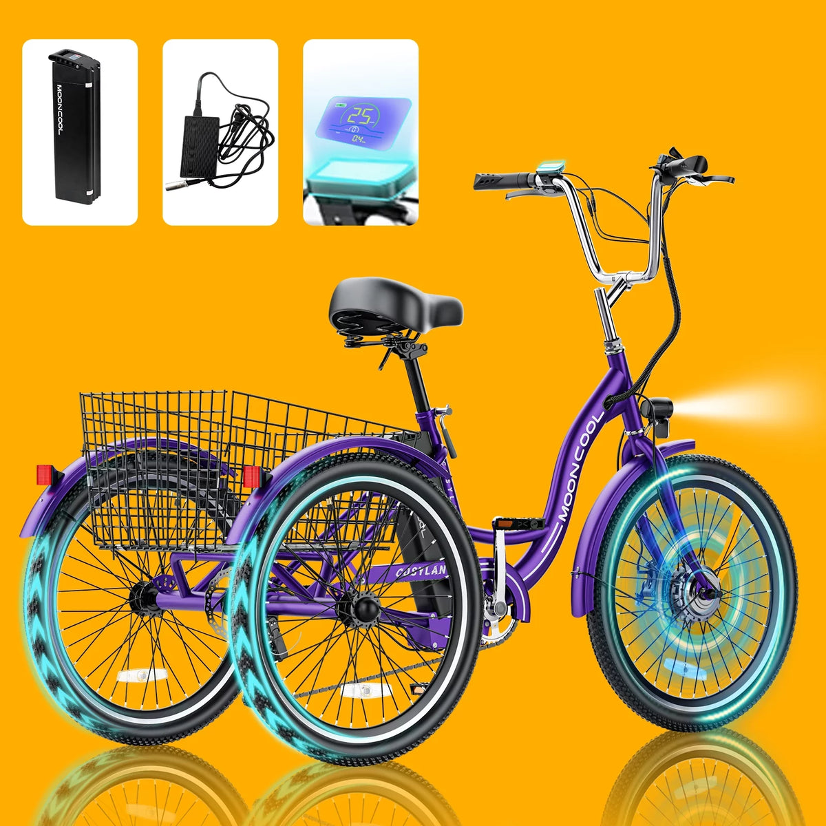 Electric Trike, 7 Speed 24"/26" 3 Wheel Electric Bicycle with 36V 14.5Ah Lithium Battery E10157