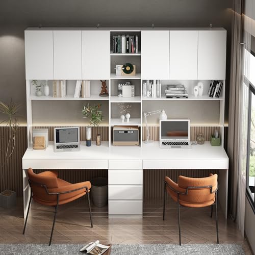 White 94.5" L Computer Desk with 6 Drawers, 15 Shelves & 6 Doors K293