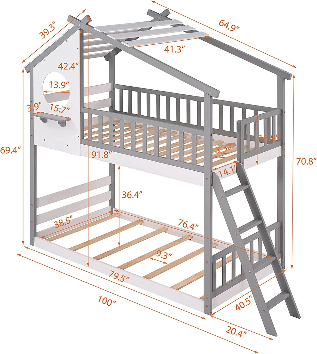 Gray Wood Kids House Bed with Roof and Ladder I710653