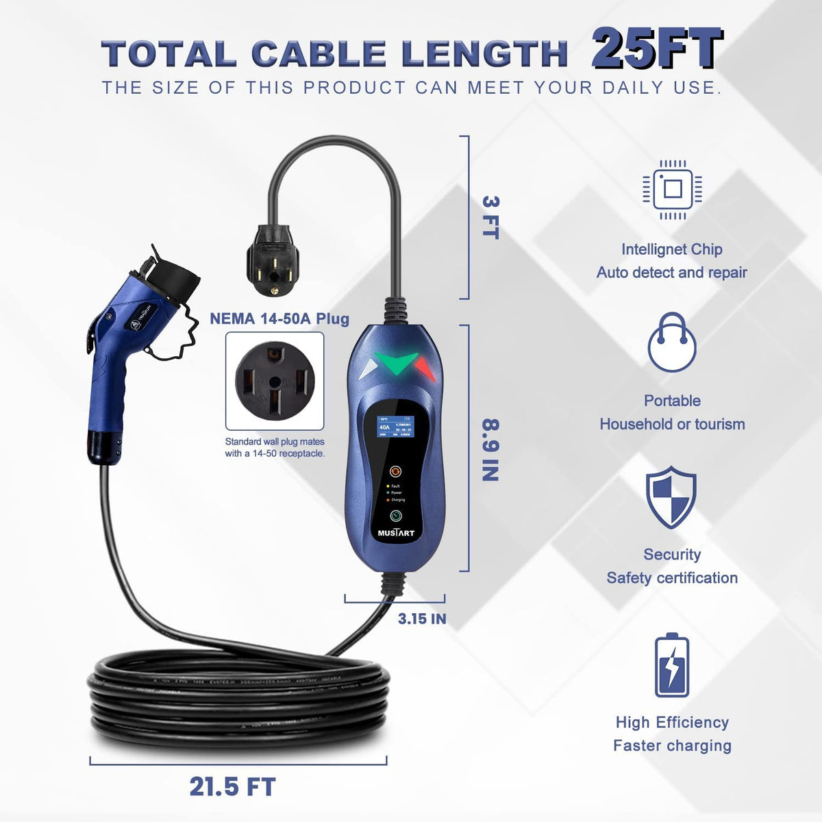 Portable Level 2 EV Charger, 240 Volt, 25ft Cable, 40 Amp Adjustable, NEMA 14-50P Q2309