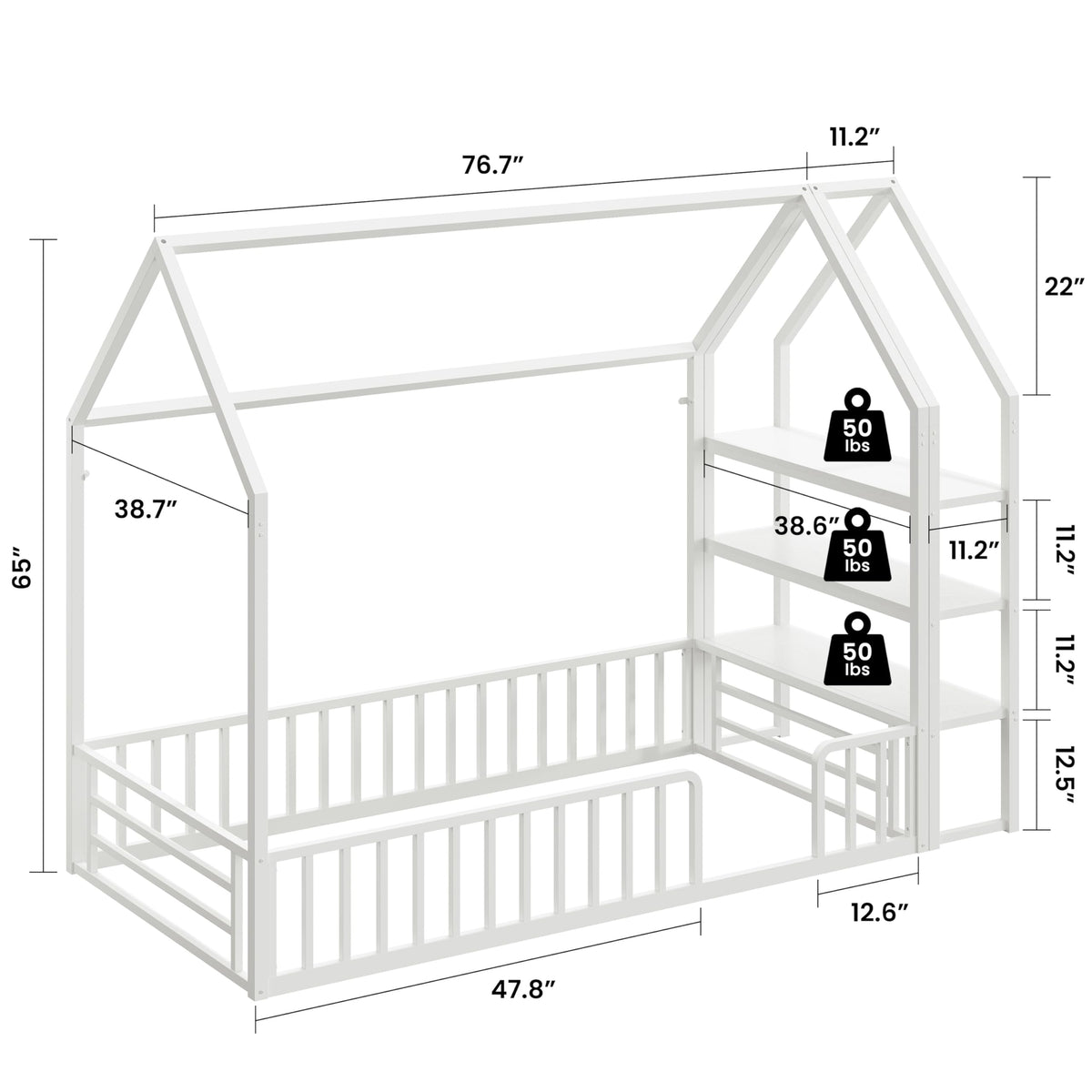 Twin White Metal Floor Bed with 3-Tier Shelves J90204