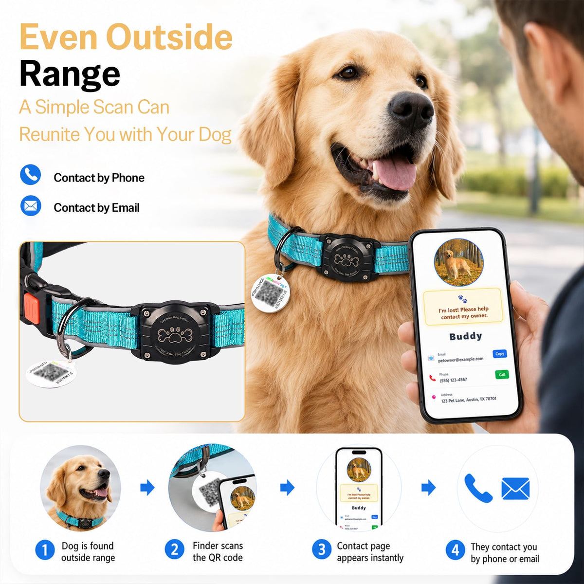 Blue IP68 Waterproof Reflective Dog Collar with AirTag Holder X522