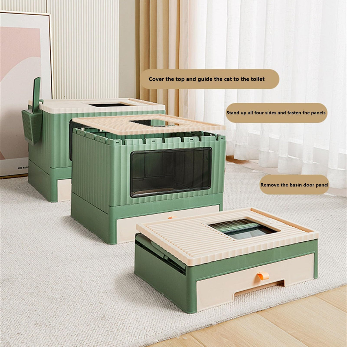 Top Entry Cat Litter Box with Lid Foldable Green Q840052