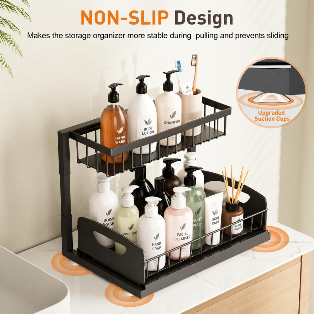 Under Kitchen Sink Organizer, 2-Tier Metal Pull Out Cabinet Organizer Shelf, Black, 2 pack B829473