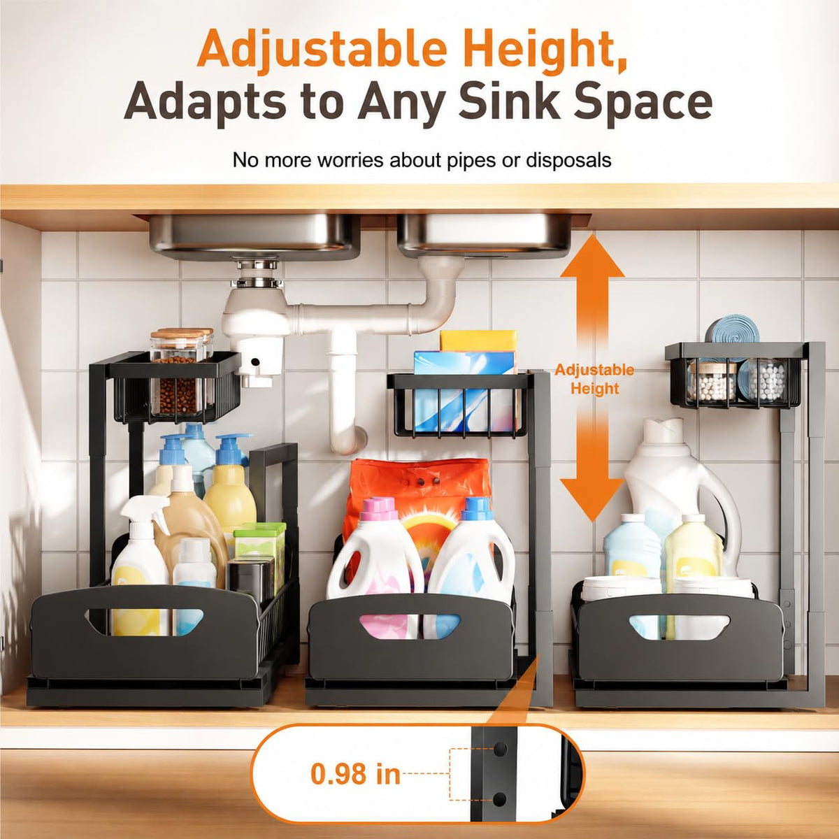 Under Kitchen Sink Organizer, 2-Tier Metal Pull Out Cabinet Organizer Shelf, Black, 2 pack B829473