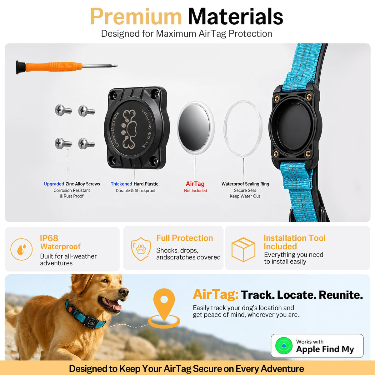 Blue IP68 Waterproof Reflective Dog Collar with AirTag Holder X522
