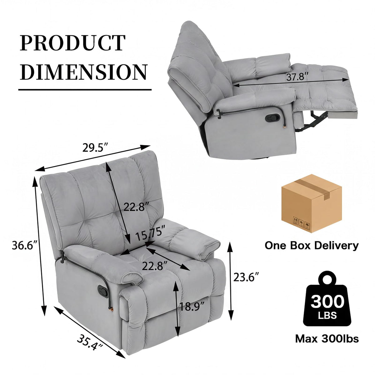 Velvet Swivel Recliner Accent Chair with Detachable Side Phone Holder I6509