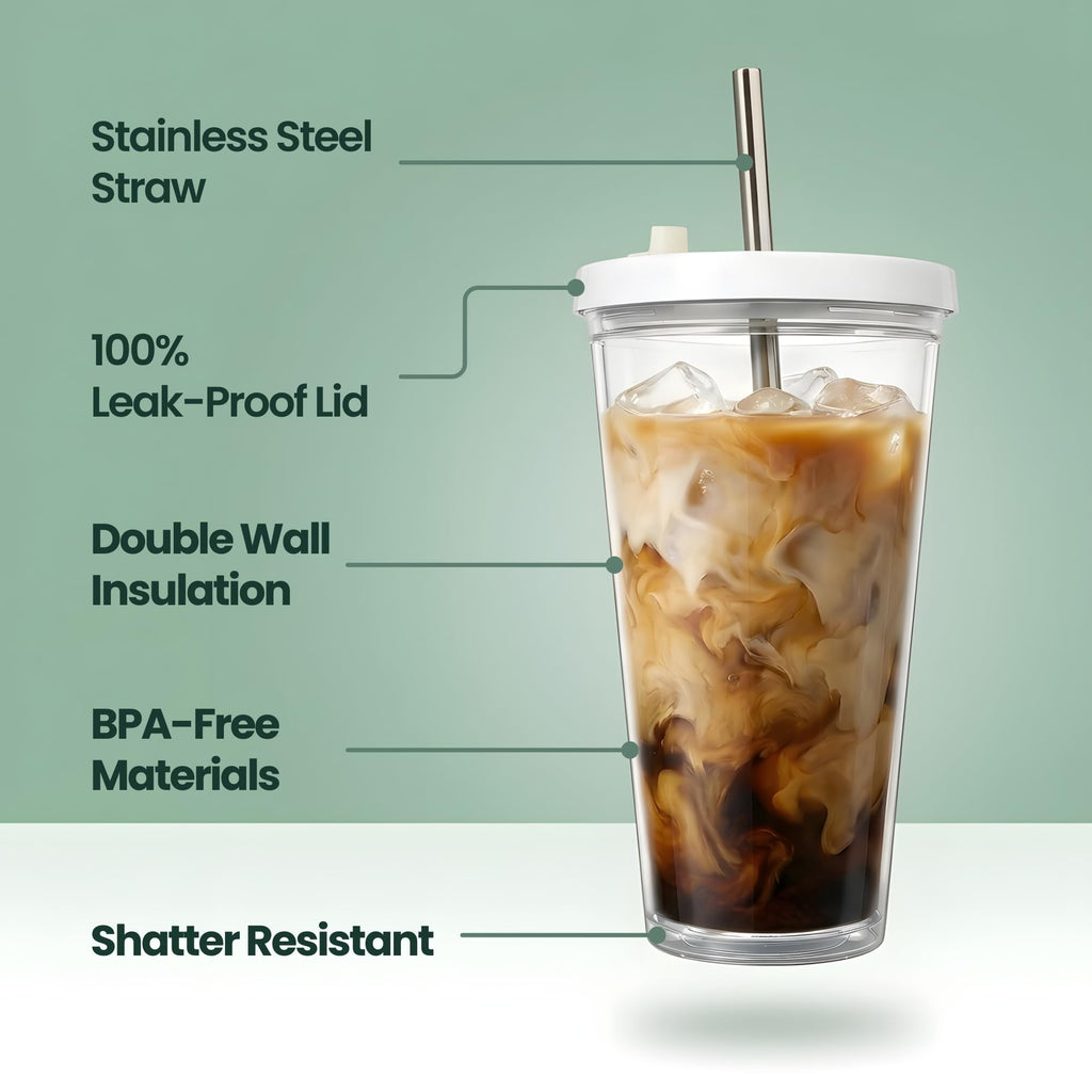 24 oz BPA-Free Double-Wall Insulated Plastic Tumbler with Lid and Straw H526