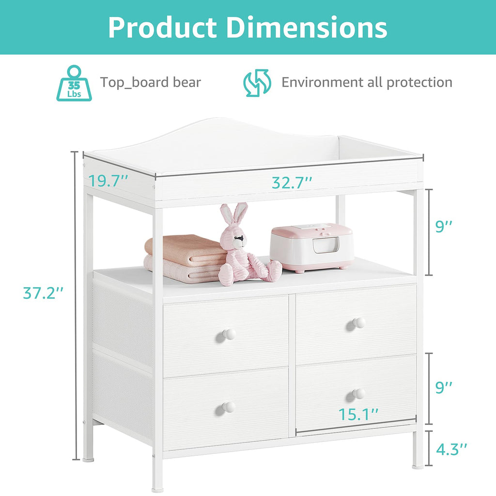 White Changing Table Dresser with 4 Fabric Drawers and Open Shelf R428