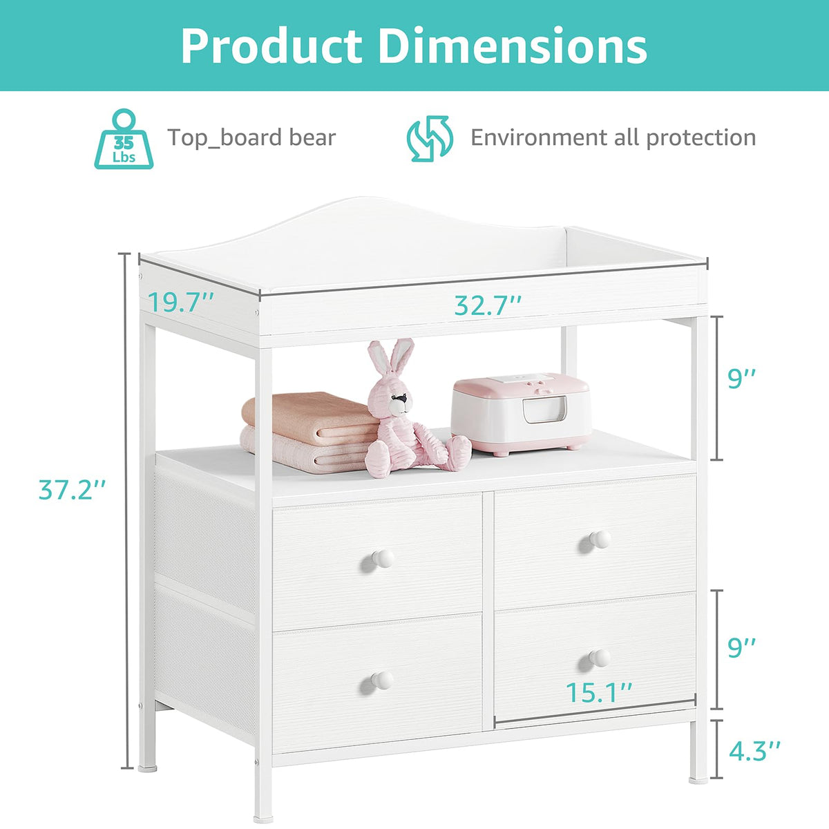White Changing Table Dresser with 4 Fabric Drawers and Open Shelf R428