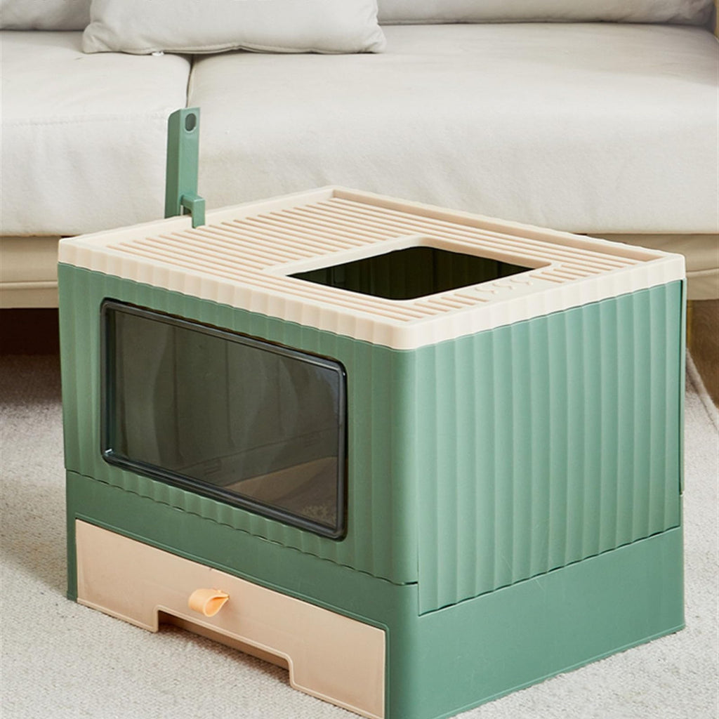 Top Entry Cat Litter Box with Lid Foldable Green Q840052