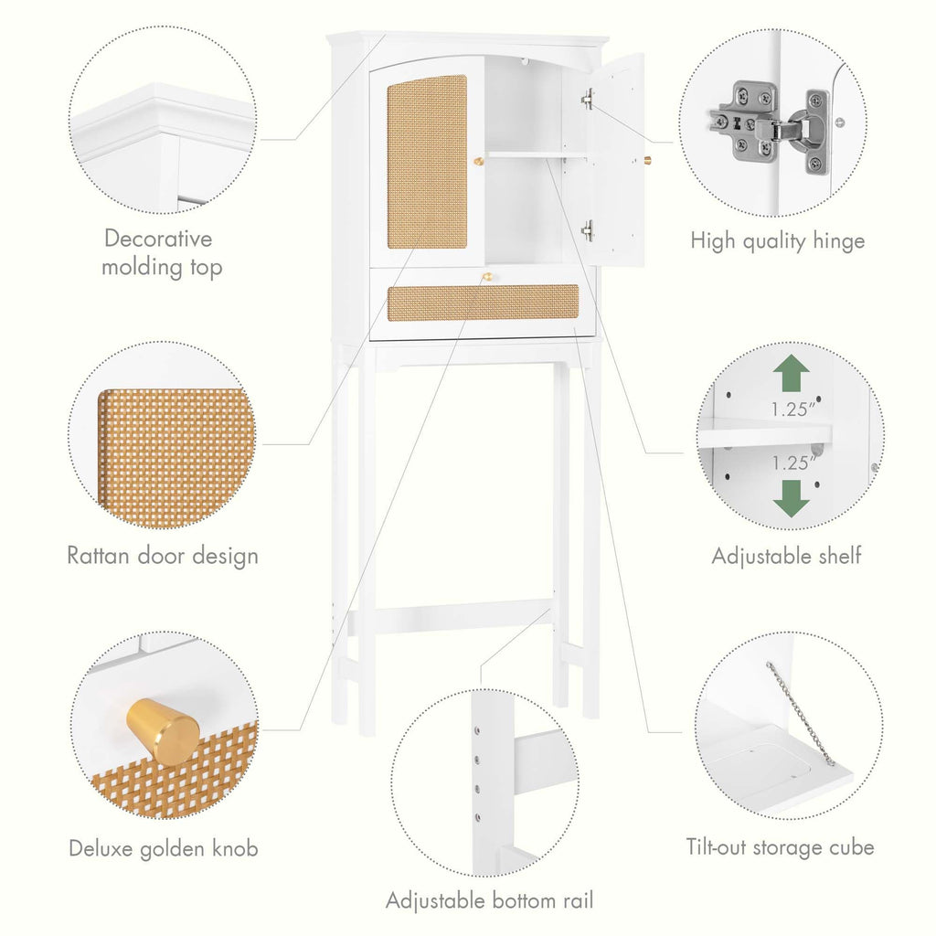Over the Toilet Storage Cabinet with Arched Rattan Doors, White A708