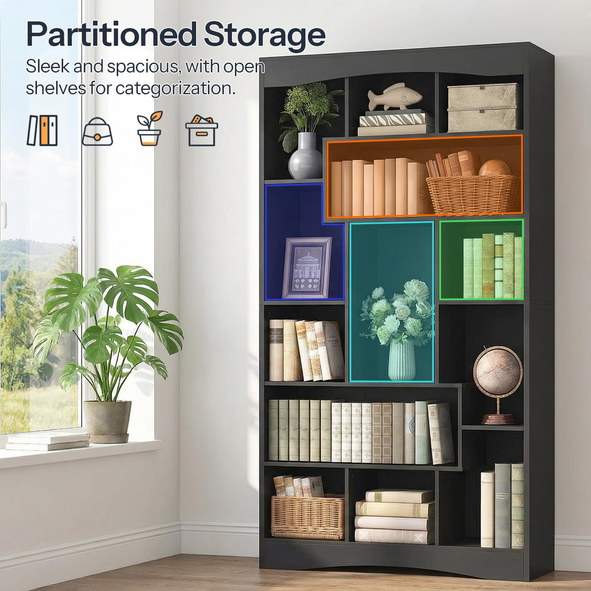 6-Tier Black Bookshelf with Open Shelves F37458