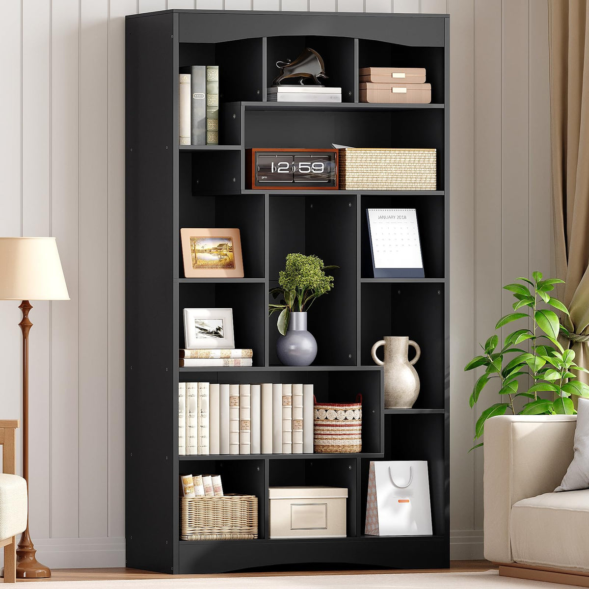6-Tier Black Bookshelf with Open Shelves F37458