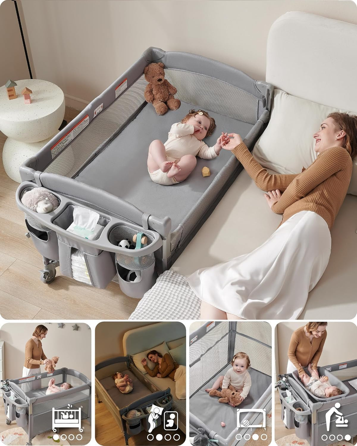 4-in-1 Baby Bassinet, Bedside Sleeper, Playard, Changing Table M7410