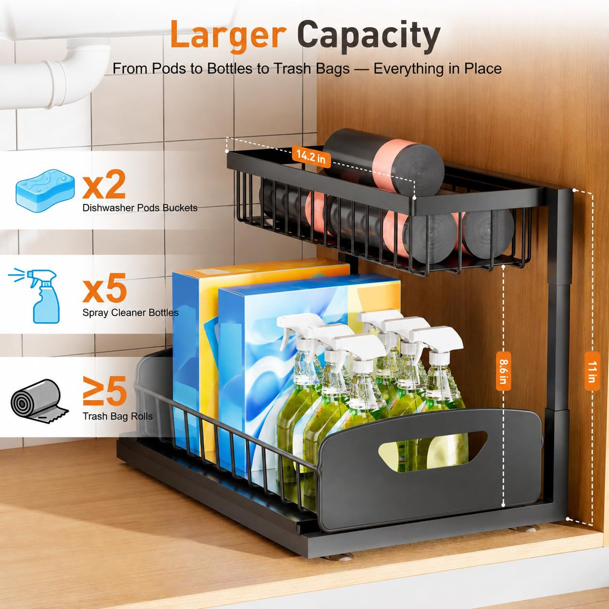 Under Kitchen Sink Organizer, 2-Tier Metal Pull Out Cabinet Organizer Shelf, Black, 2 pack B829473