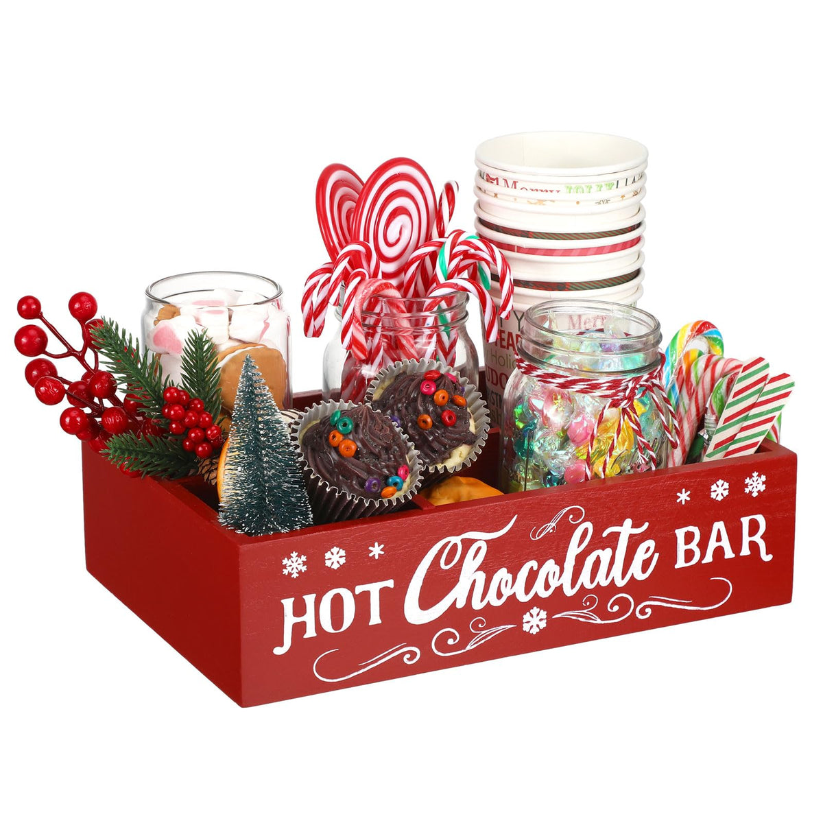 Christmas Hot Cocoa Bar Station Organizer Storage Box Wood Red K765512