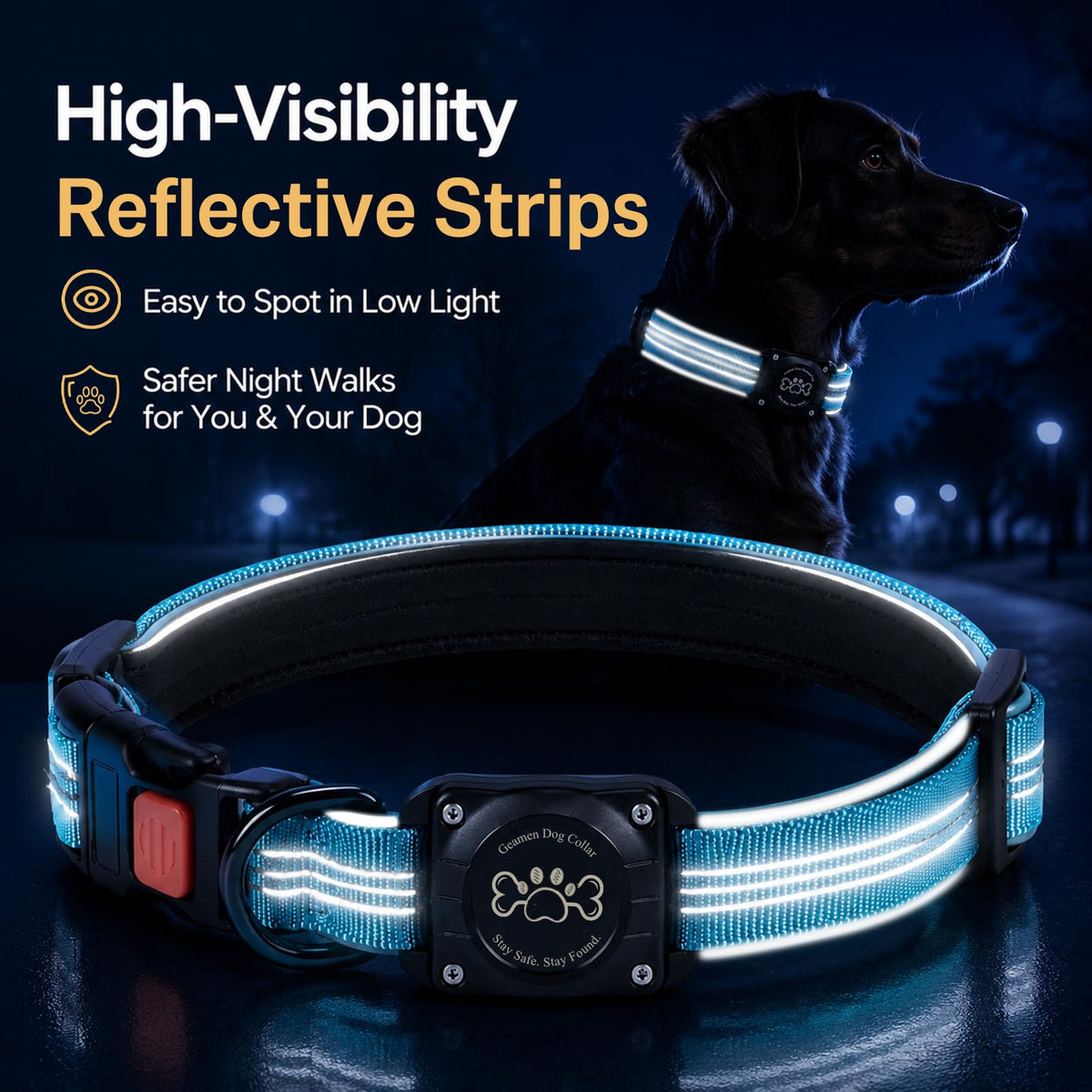 Blue IP68 Waterproof Reflective Dog Collar with AirTag Holder X522