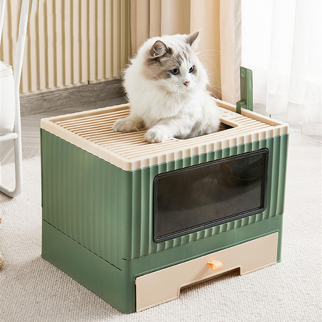 Top Entry Cat Litter Box with Lid Foldable Green Q840052