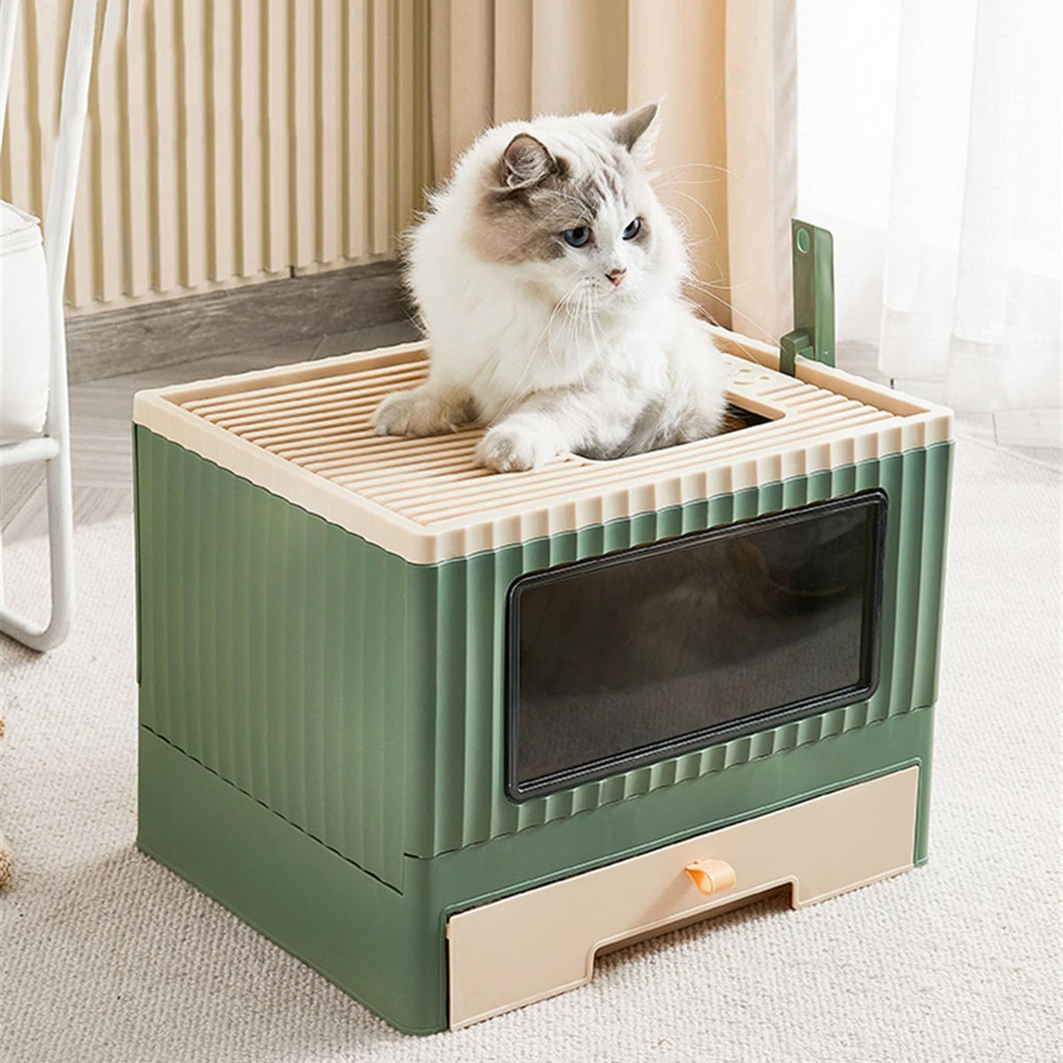 Top Entry Cat Litter Box with Lid Foldable Green Q840052