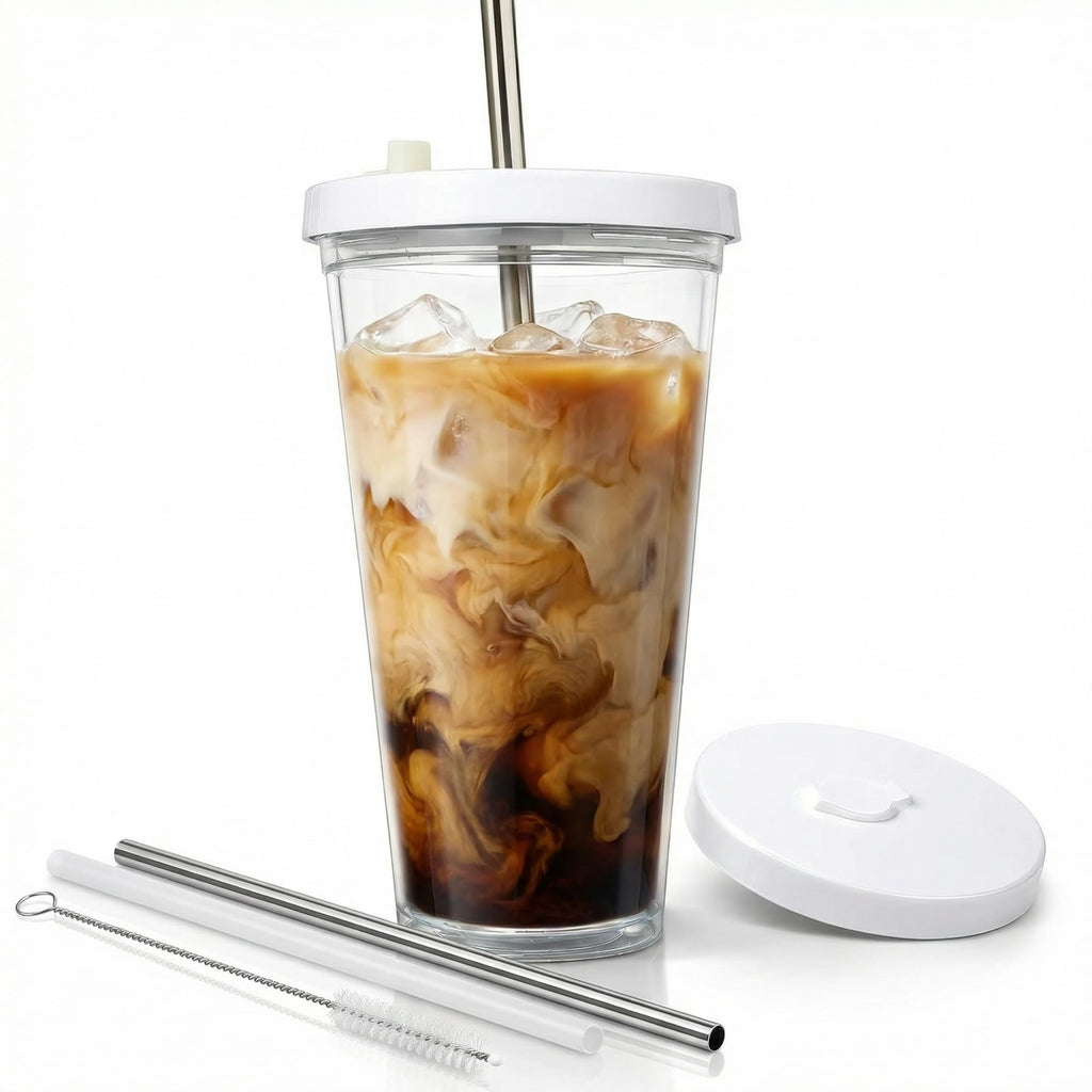 24 oz BPA-Free Double-Wall Insulated Plastic Tumbler with Lid and Straw H526