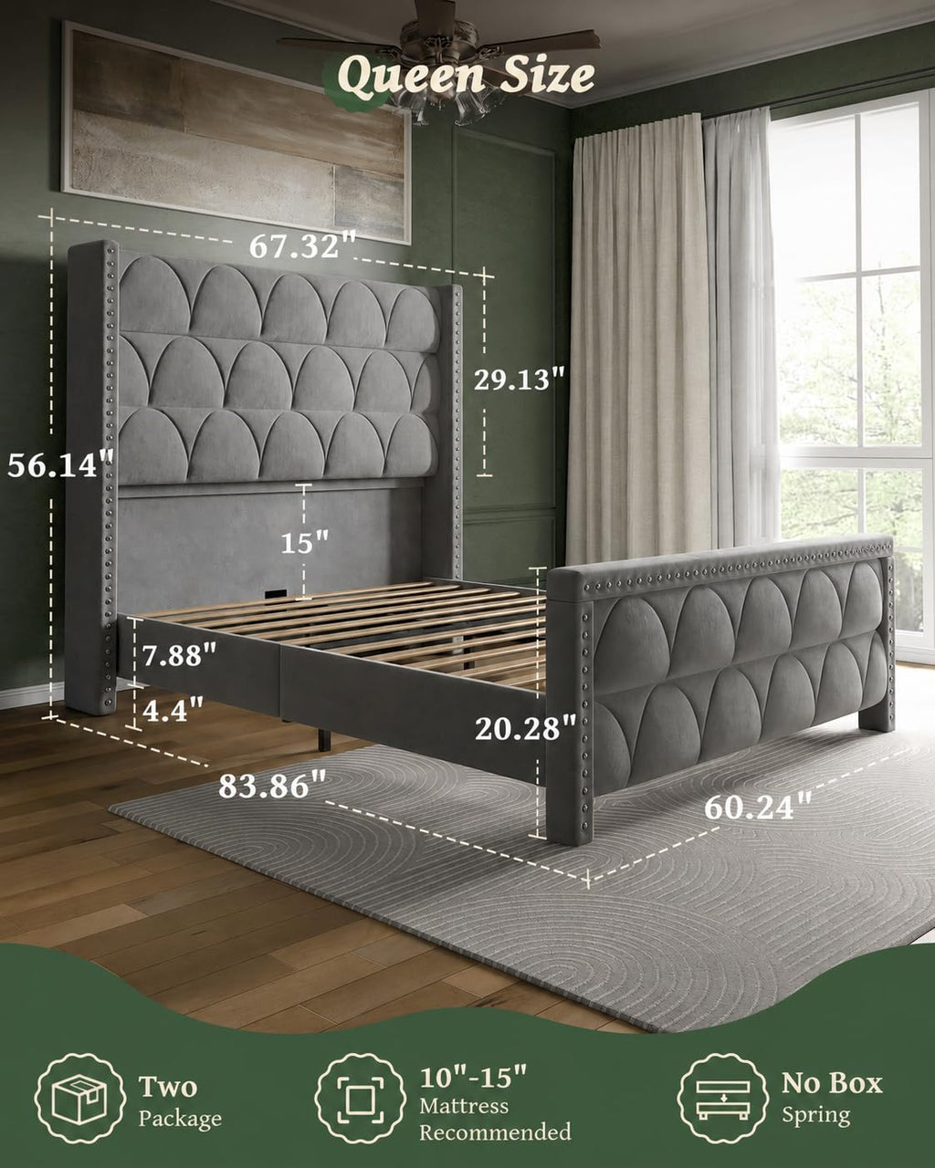 Queen Size Velvet Upholstered Platform Bed Frame V27022