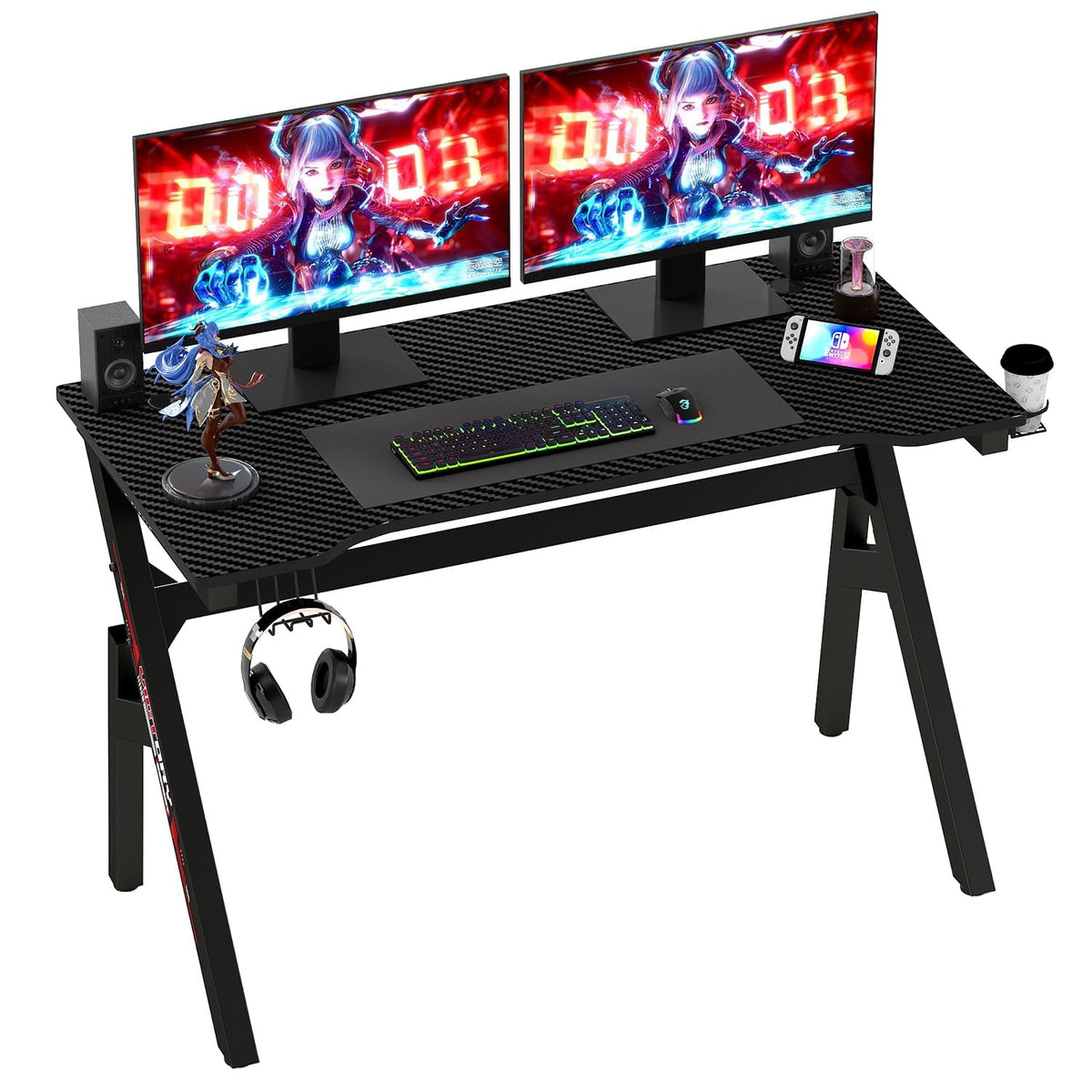 47" Black & Red Carbon Fiber Textured Gaming Desk with Cup Holder Q417