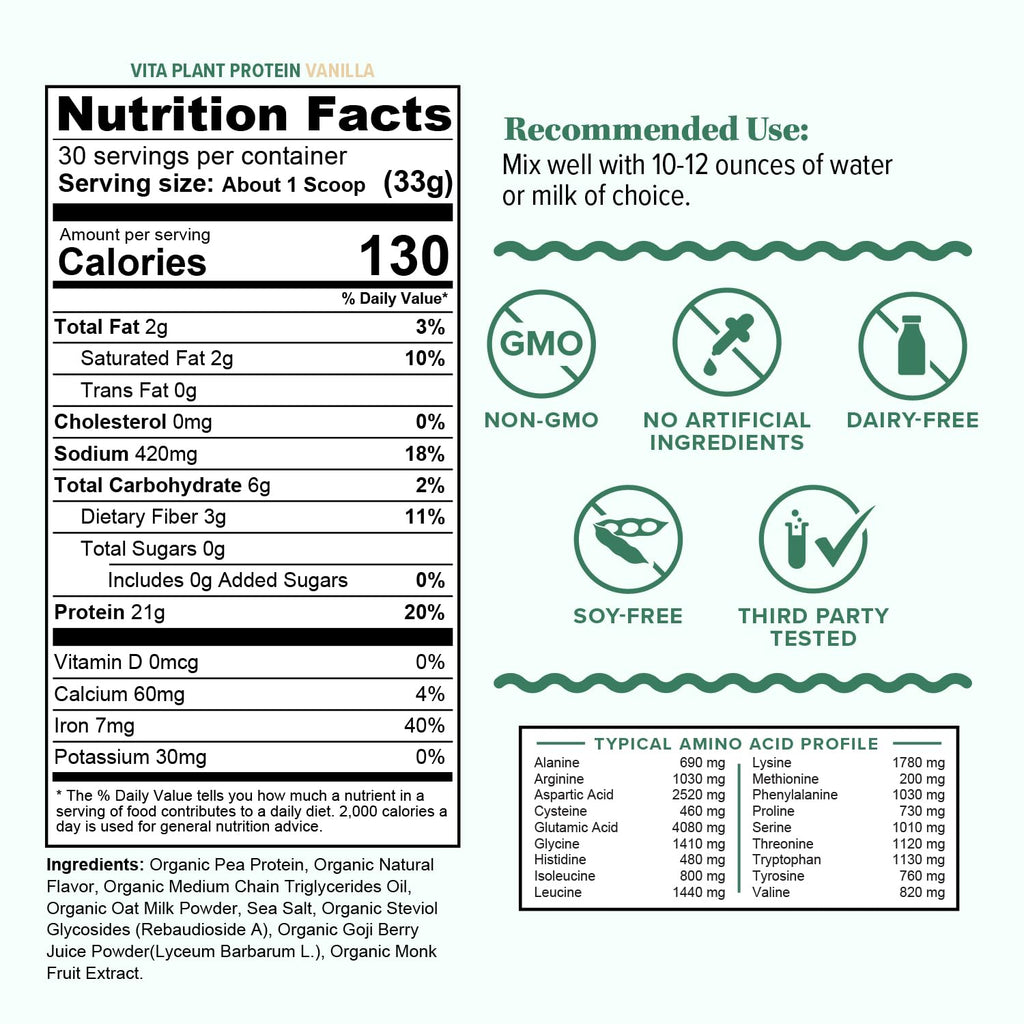 Plant Based Vegan Protein Powder with BCAAs & MCTs, Vanilla, 30 Servings O45474