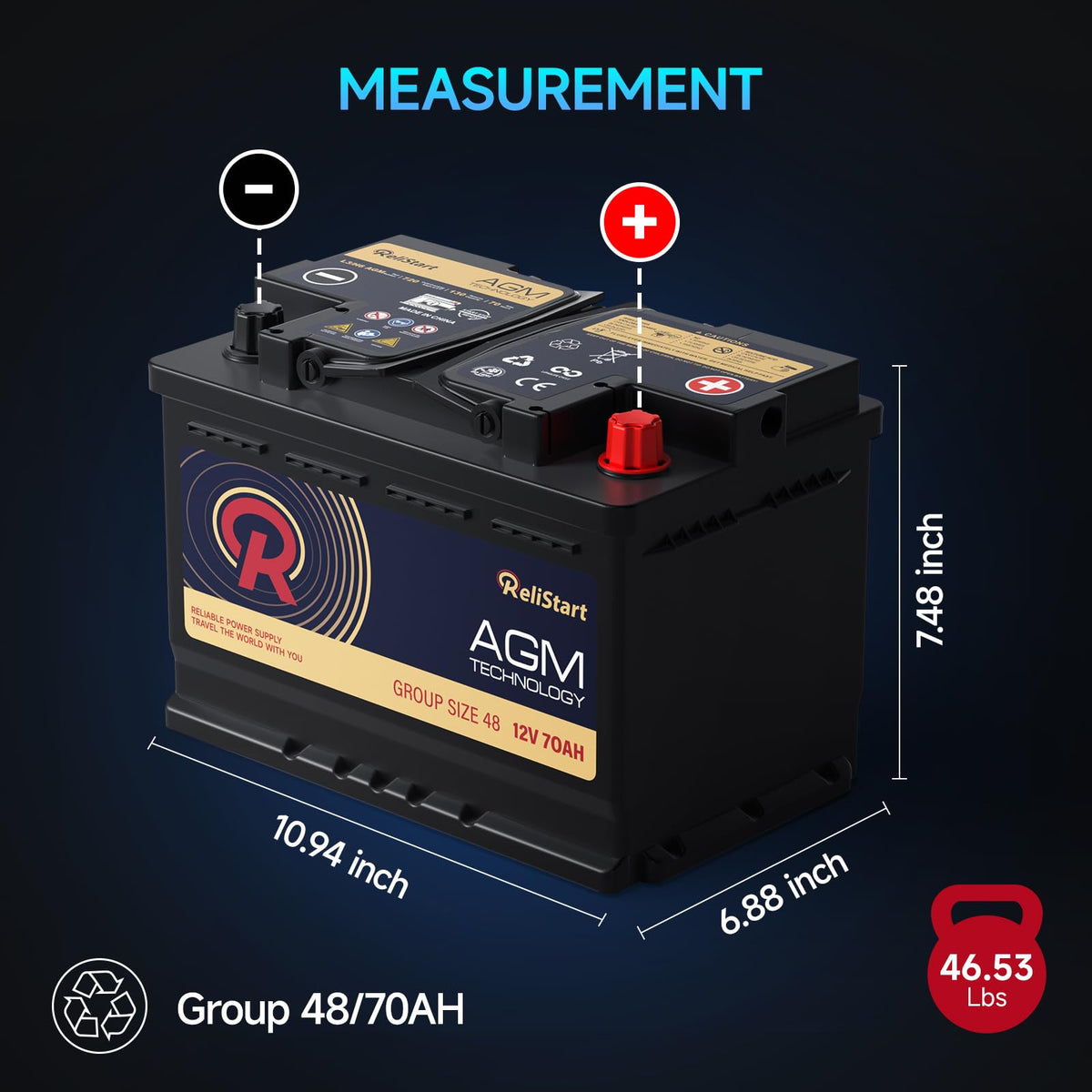 12V 70Ah H6 Group 48 Car Battery E125