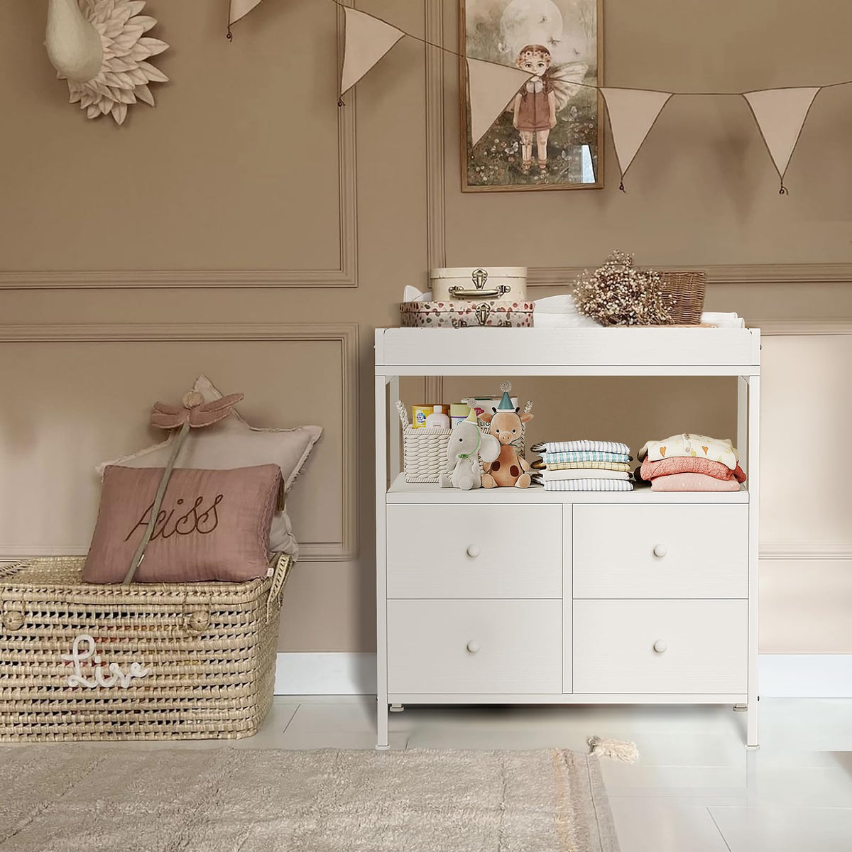 White Changing Table Dresser with 4 Fabric Drawers and Open Shelf R428