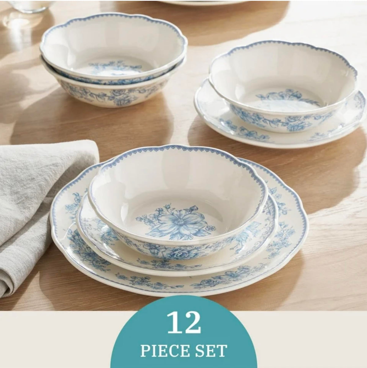 Blue 12-Piece Stoneware Dinnerware Set C354376