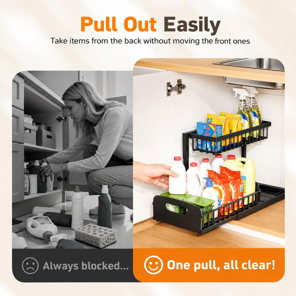 Under Kitchen Sink Organizer, 2-Tier Metal Pull Out Cabinet Organizer Shelf, Black, 2 pack B829473