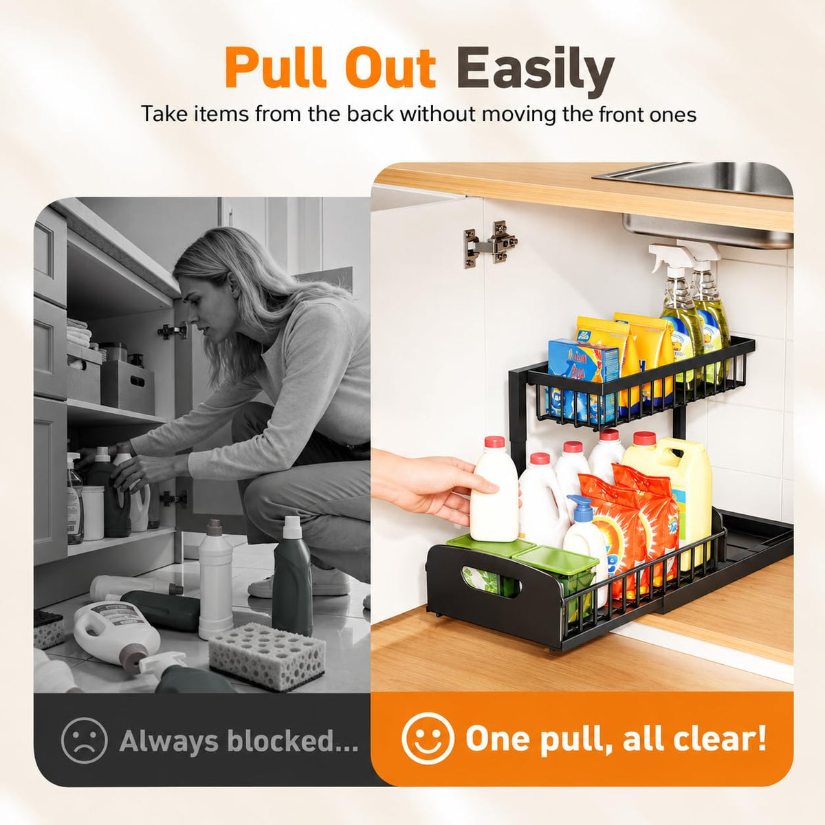 Under Kitchen Sink Organizer, 2-Tier Metal Pull Out Cabinet Organizer Shelf, Black, 2 pack B829473