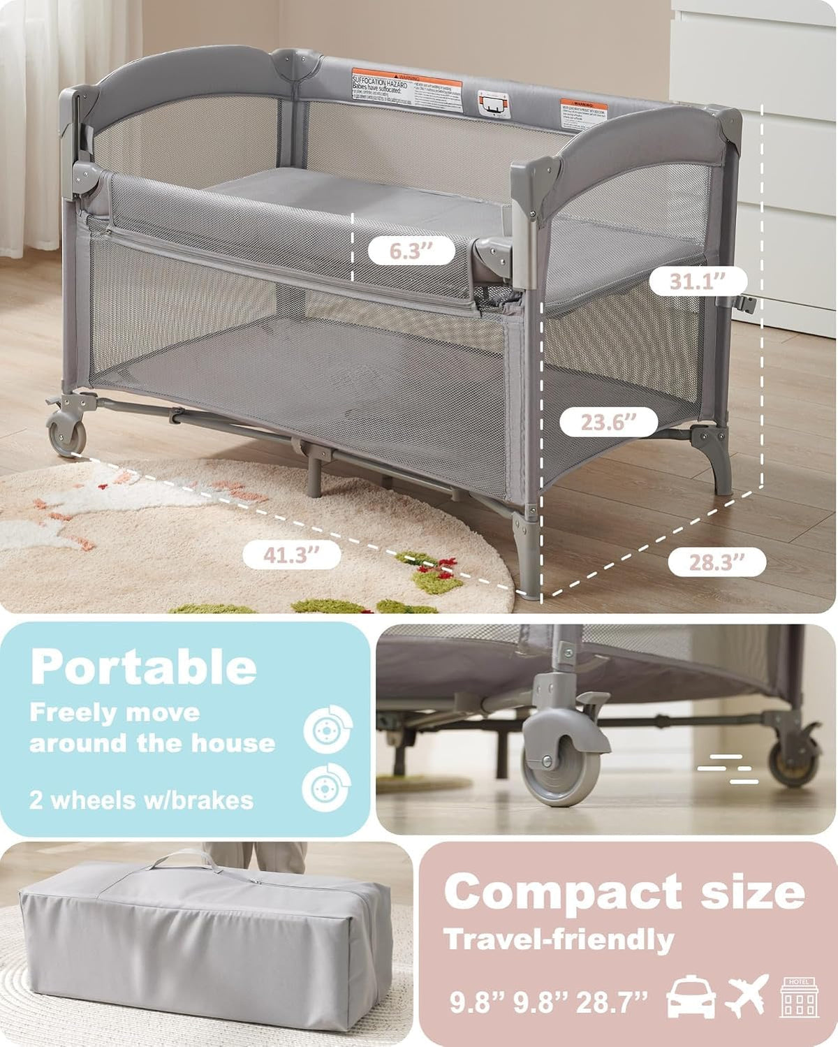 4-in-1 Baby Bassinet, Bedside Sleeper, Playard, Changing Table M7410
