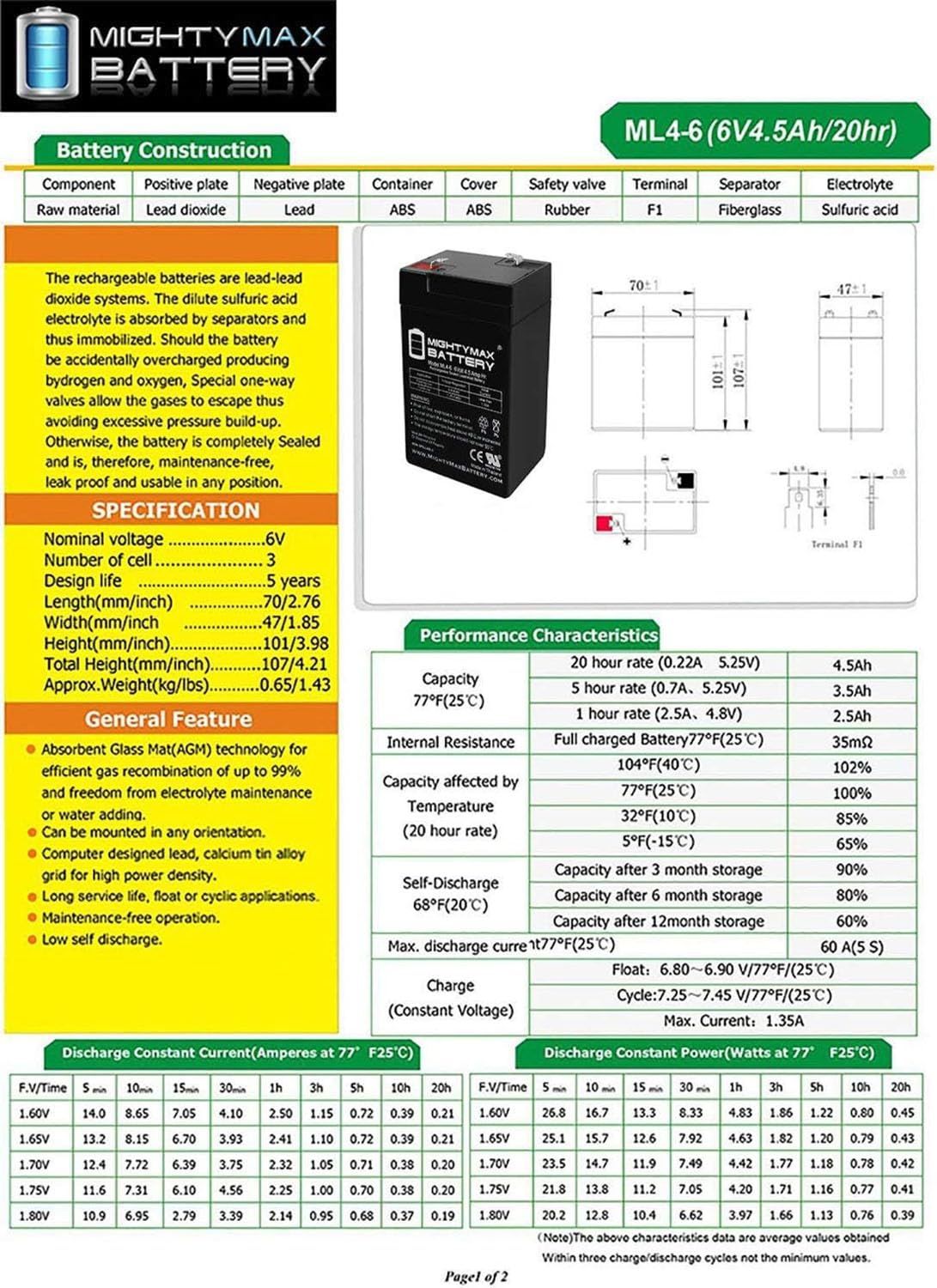 6V 4.5AH SLA Battery 2 Pack F256