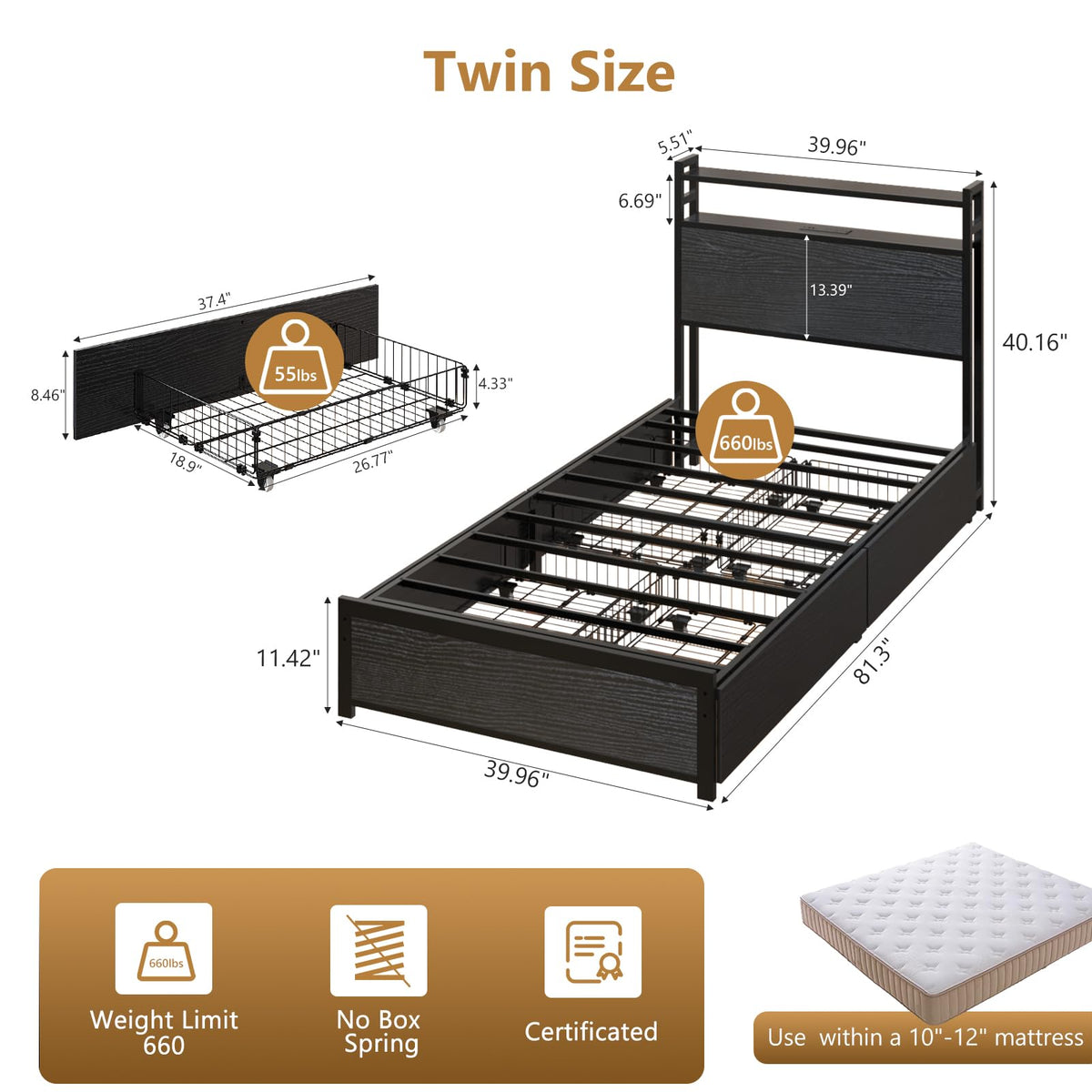 Black Twin Size Metal Bed Frame with 4 Drawers and Storage Headboard Z147