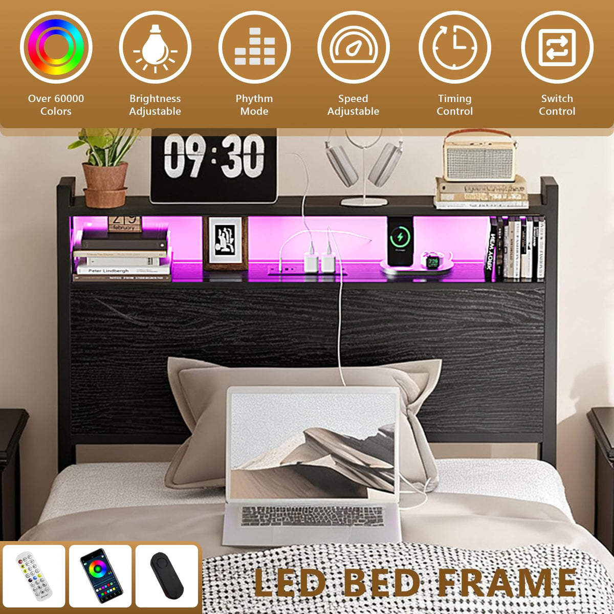 Black Twin Size Metal Bed Frame with 4 Drawers and Storage Headboard Z147