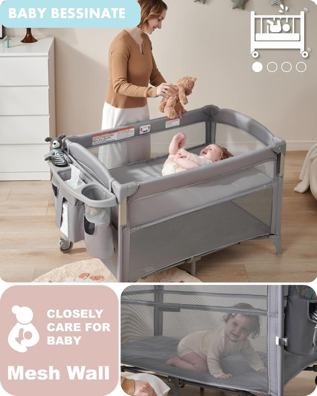4-in-1 Baby Bassinet, Bedside Sleeper, Playard, Changing Table M7410