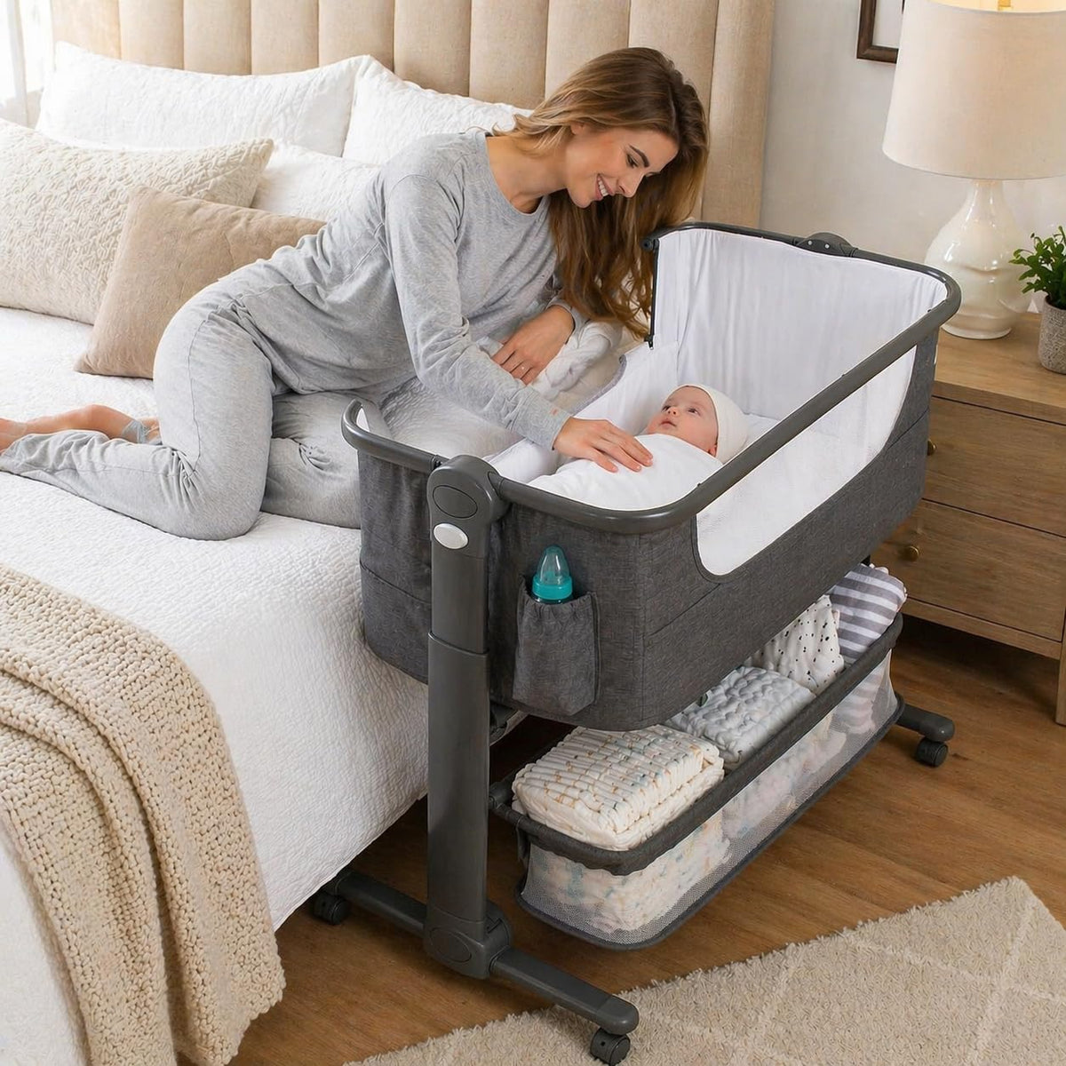 Baby Bassinet Bedside Sleeper Portable Crib with Storage Basket E157290