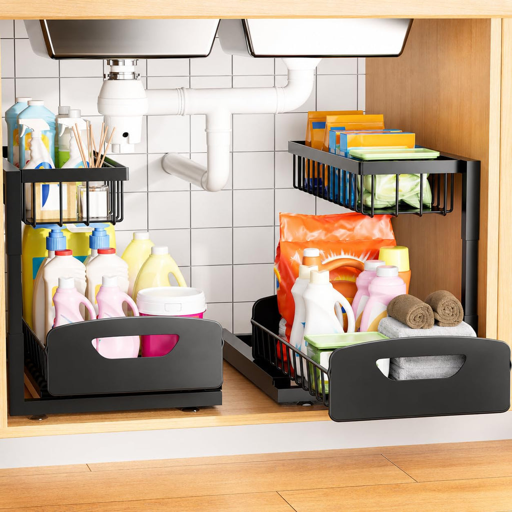 Under Kitchen Sink Organizer, 2-Tier Metal Pull Out Cabinet Organizer Shelf, Black, 2 pack B829473