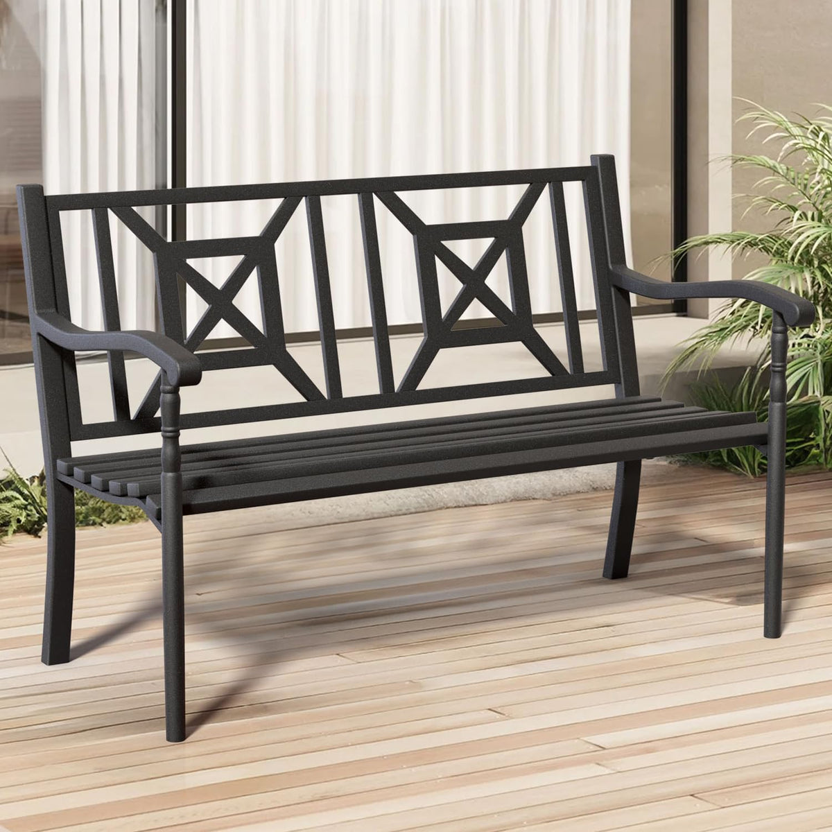 50.5" Metal Patio Bench with Lattice Backrest X572466