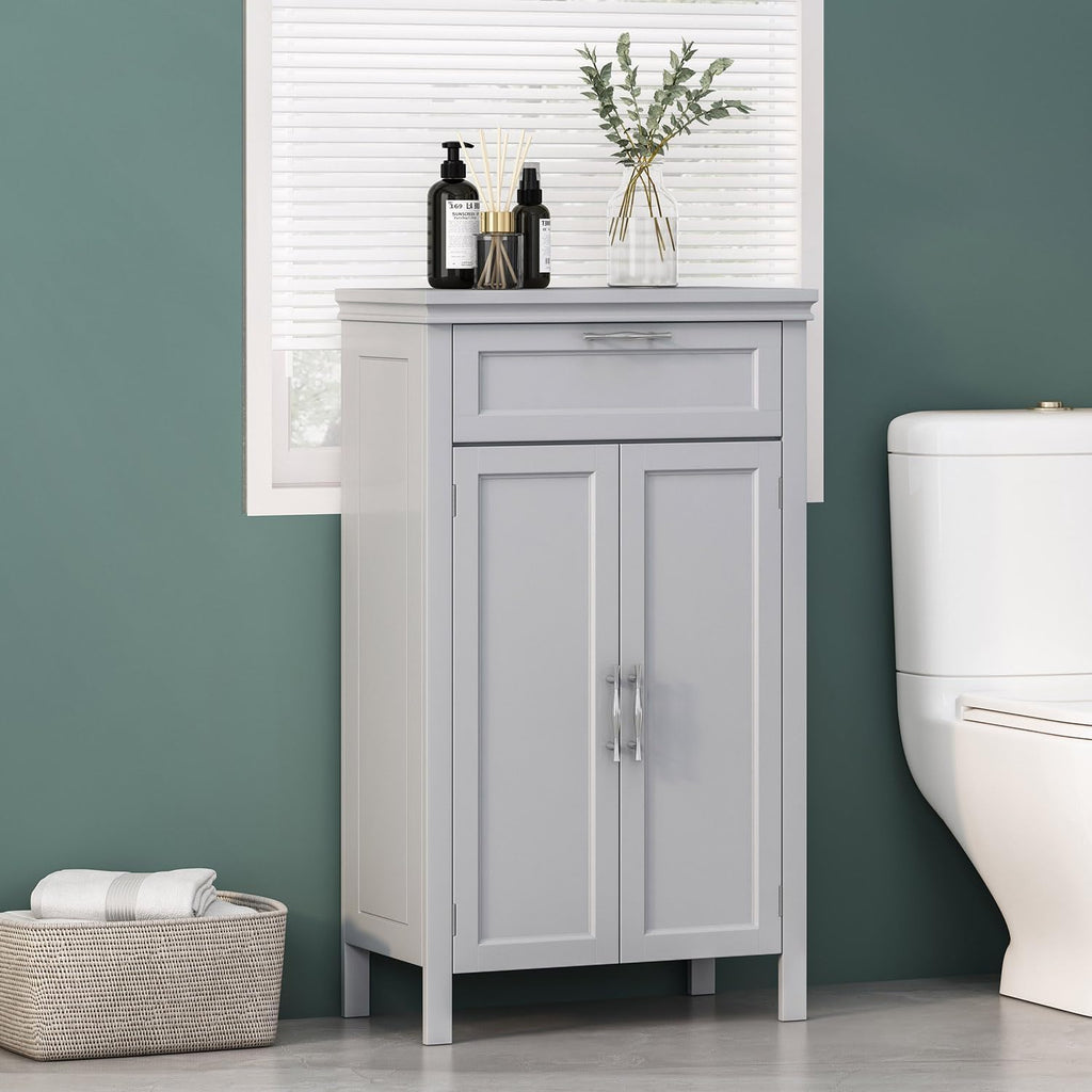 Wooden Bathroom Floor Cabinet with Drawer, Adjustable Shelf, 2-Door Cupboard N7752