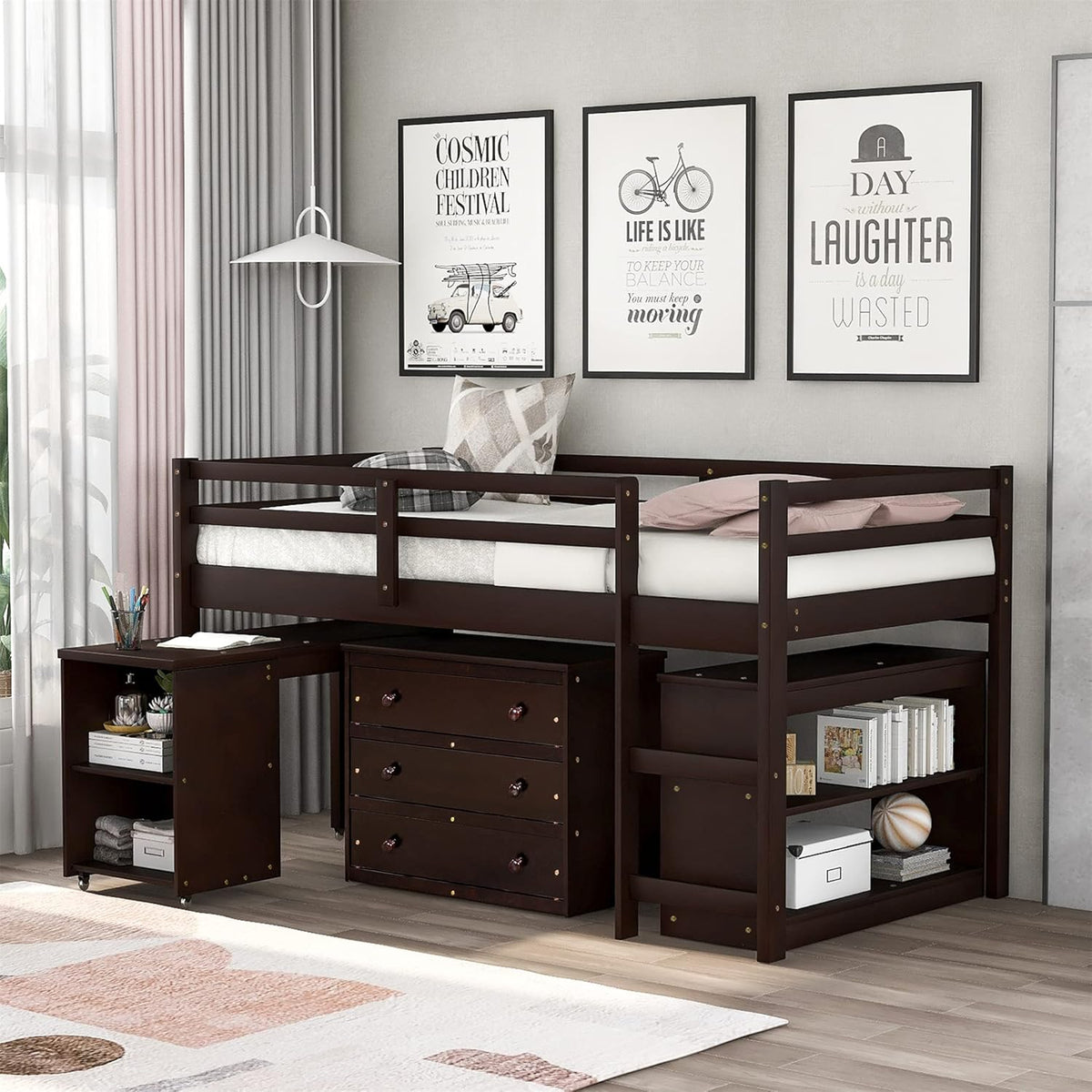 Grey Wood Twin Loft Bed with Storage Drawers A339829