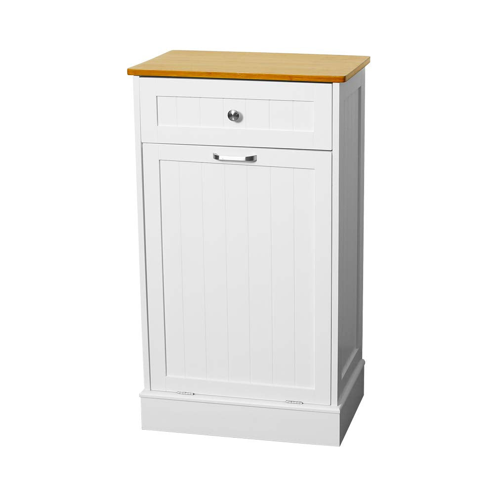 White Wooden Tilt Out Trash Cabinet with Hideaway Drawer and Removable Cutting Board D4310