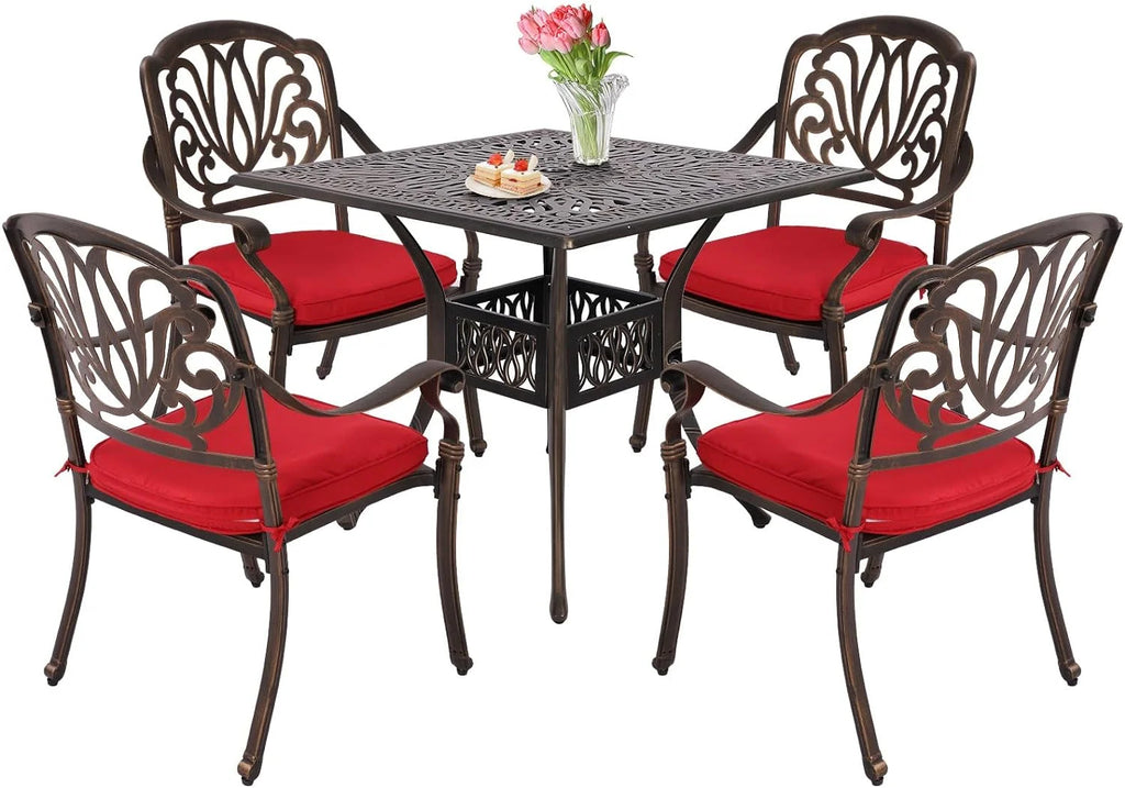 5 Piece Cast Aluminum Patio Dining Set with Red Cushion R912