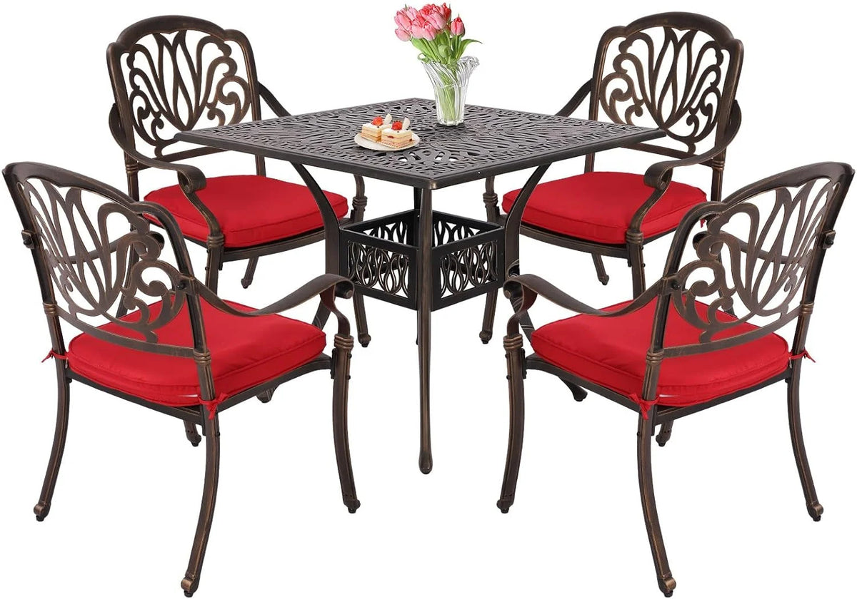 5 Piece Cast Aluminum Patio Dining Set with Red Cushion R912