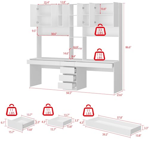 White 94.5" L Computer Desk with 6 Drawers, 15 Shelves & 6 Doors K293