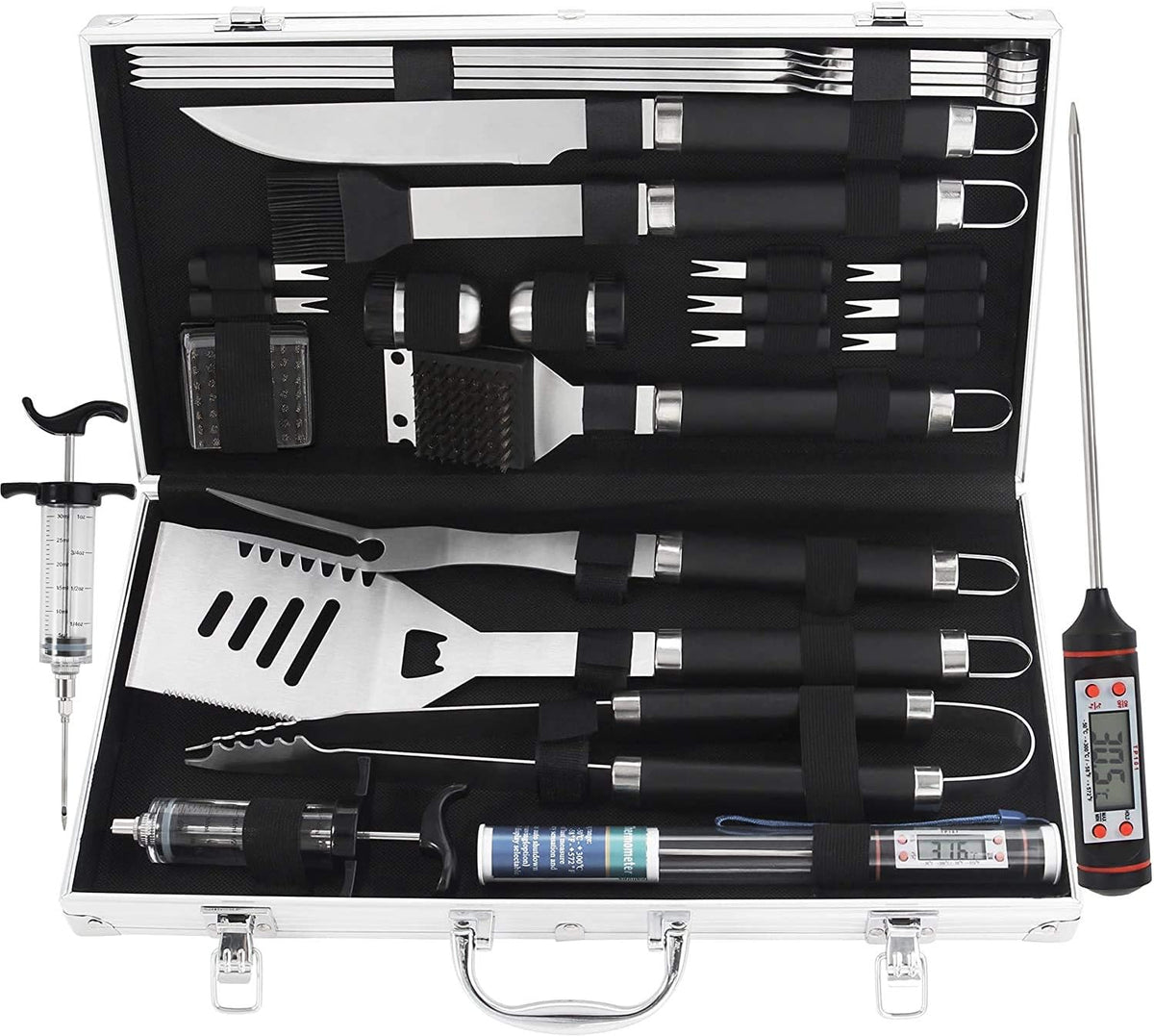 24PCS Stainless Steel BBQ Grill Tools Set with Meat Thermometer and Injector V8637